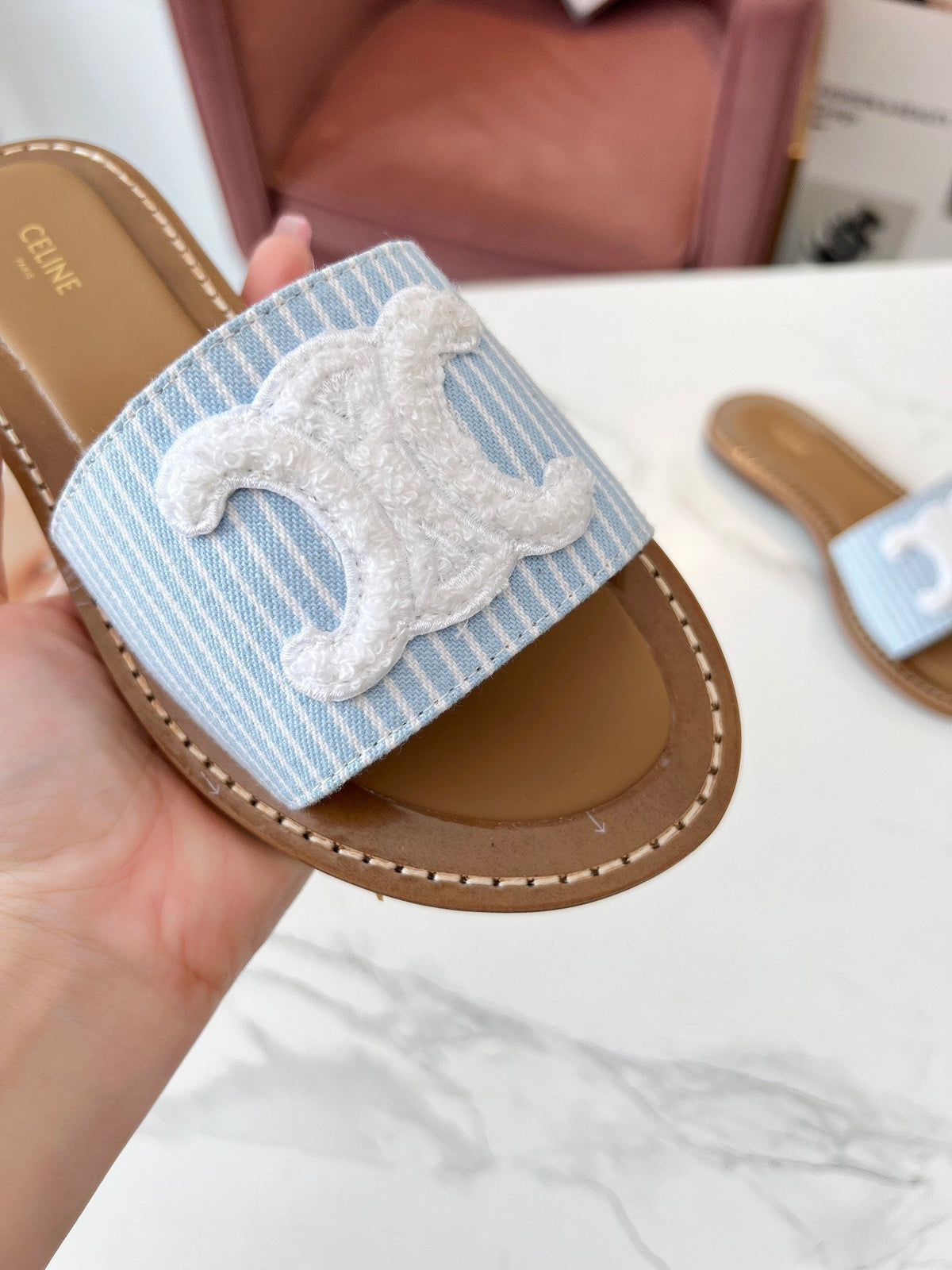Celine 25C Slippers Baby Blue mix White Fabric with Calfskin 238165