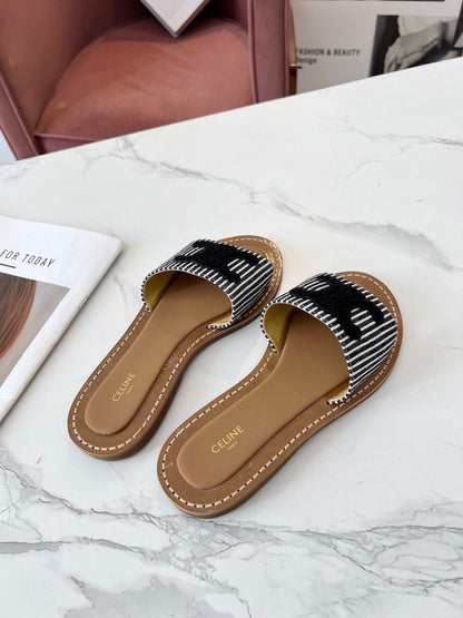 Celine 25C Slippers Black Fabric with Calfskin 238168