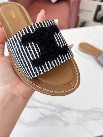 Celine 25C Slippers Black Fabric with Calfskin 238168