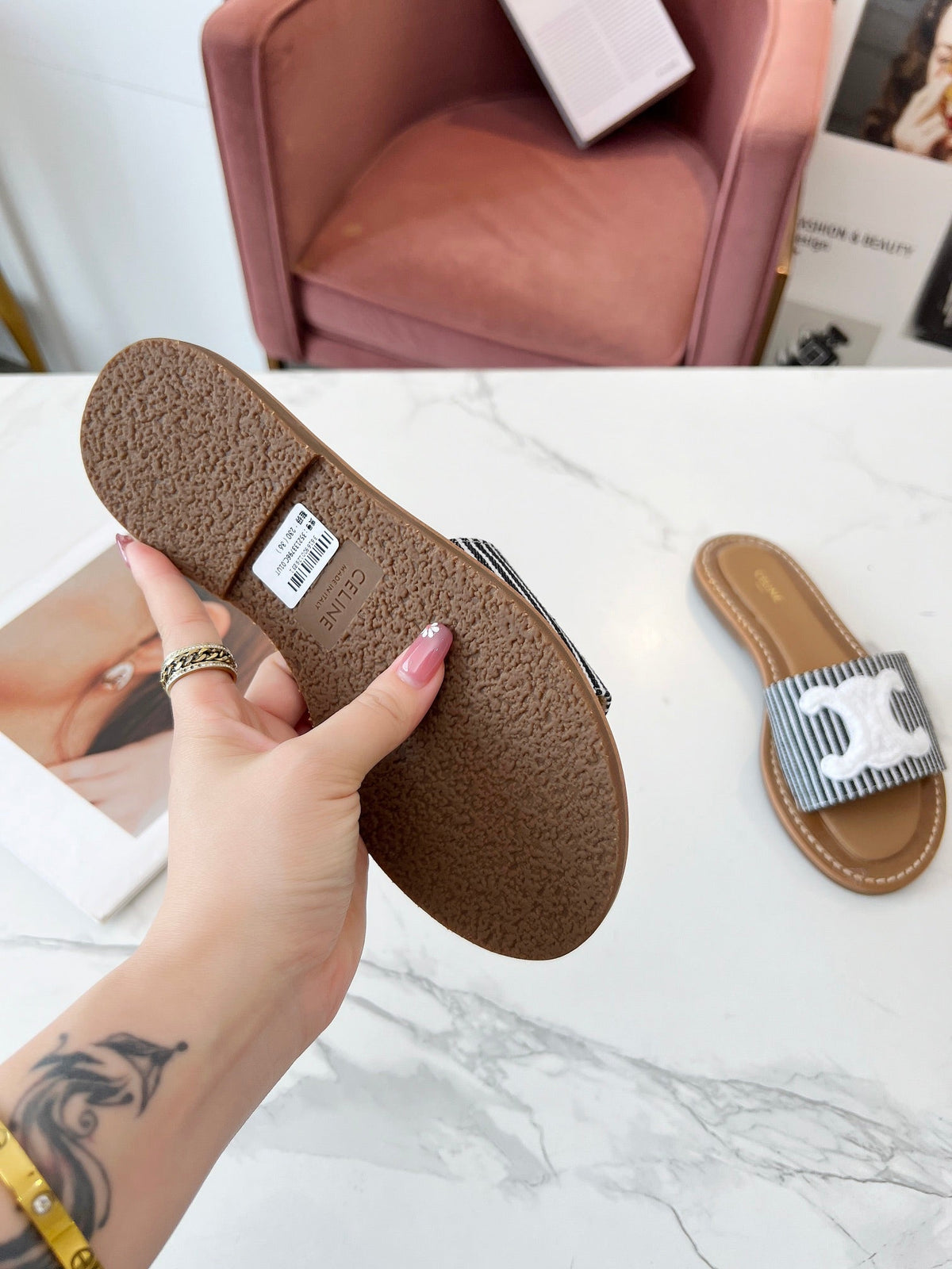 Celine 25C Slippers Black mix White Fabric with Calfskin 238169