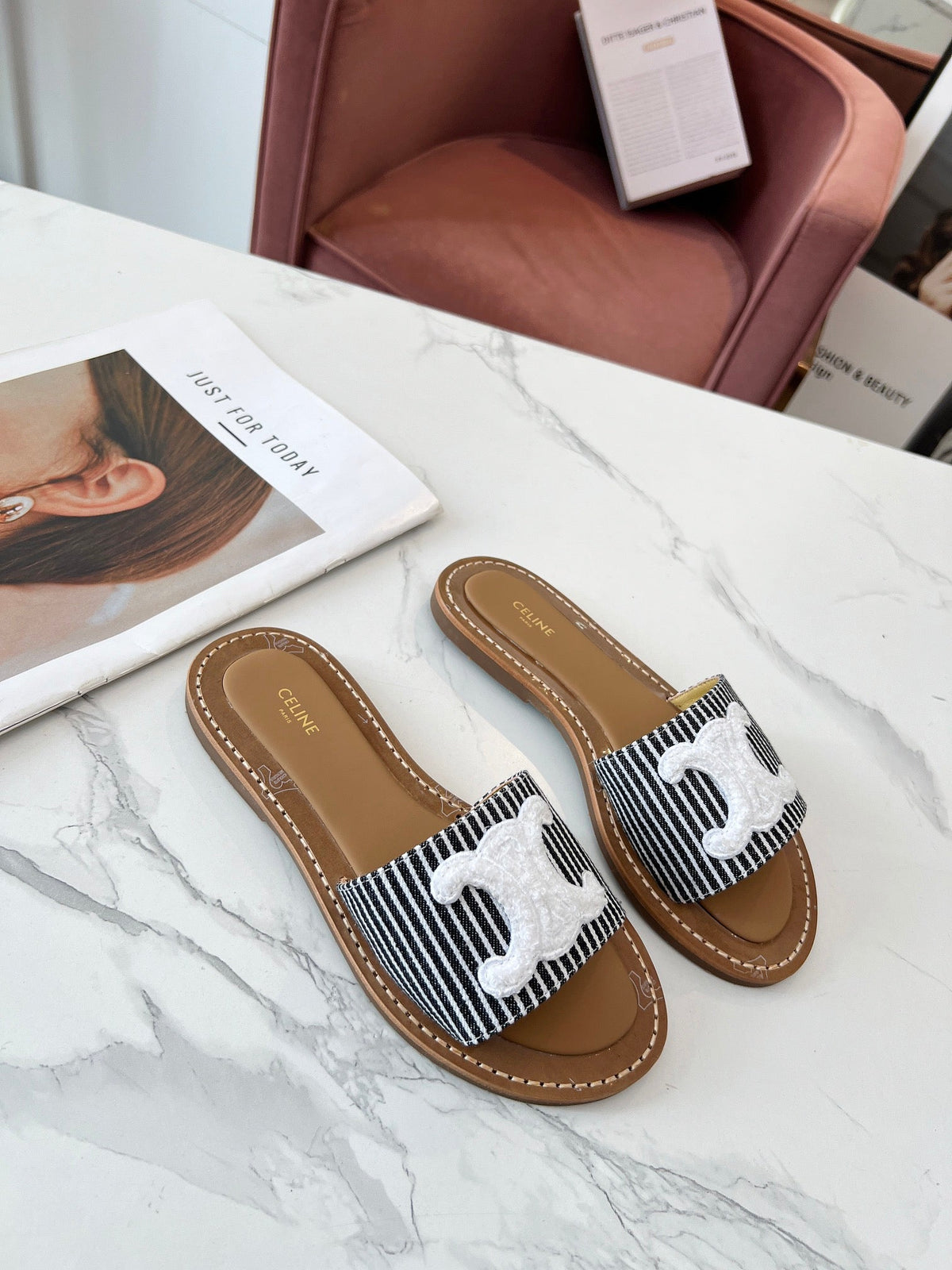Celine 25C Slippers Black mix White Fabric with Calfskin 238169