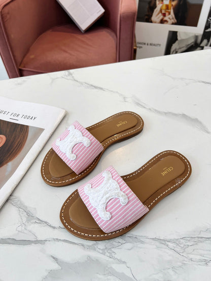 Celine 25C Slippers Pink mix White Fabric with Calfskin 238164