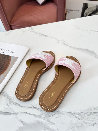 Celine 25C Slippers Pink mix White Fabric with Calfskin 238164