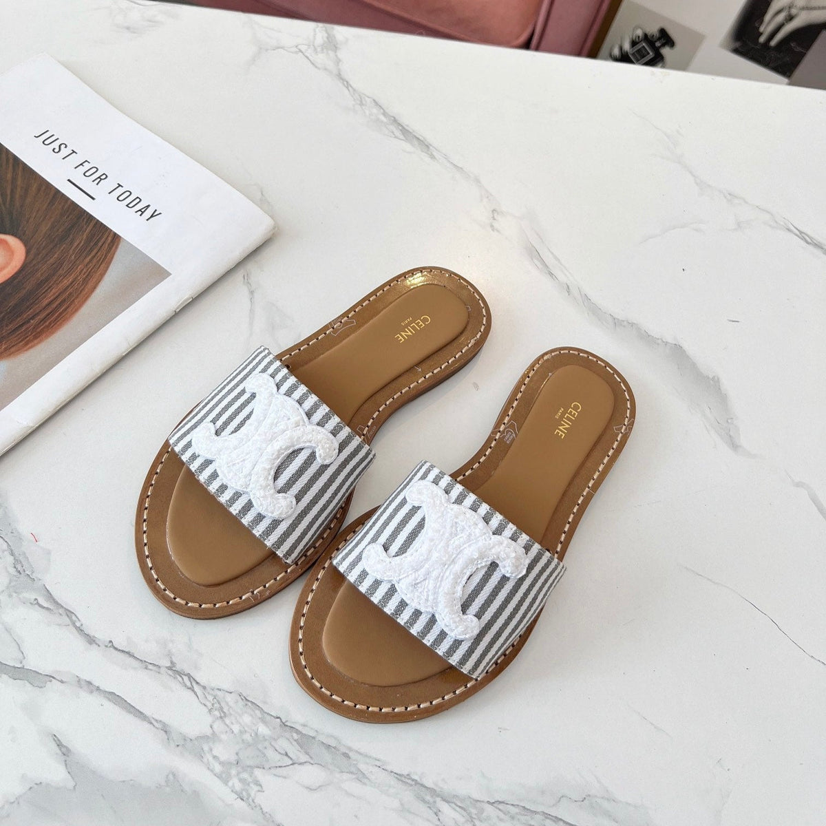 Celine 25C Slippers Gray mix White Fabric with Calfskin 238171