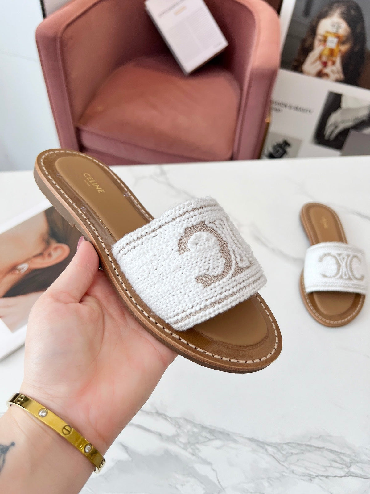 Celine 25C Slippers White Fabric with Calfskin 238157