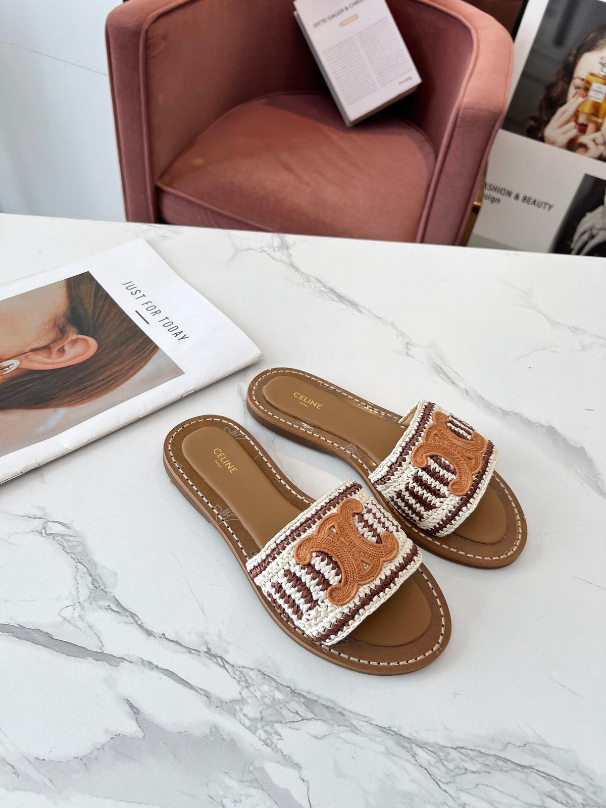 Celine 25C Slippers Beige mix Cantaloupe Fabric with Calfskin 238159