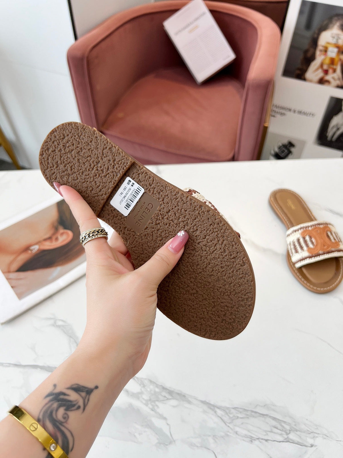 Celine 25C Slippers Beige mix Cantaloupe Fabric with Calfskin 238159