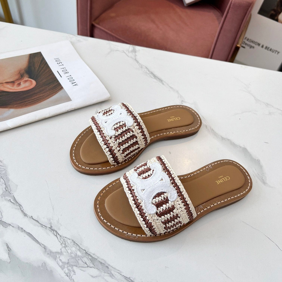 Celine 25C Slippers Beige mix Brown Fabric with Calfskin 238160