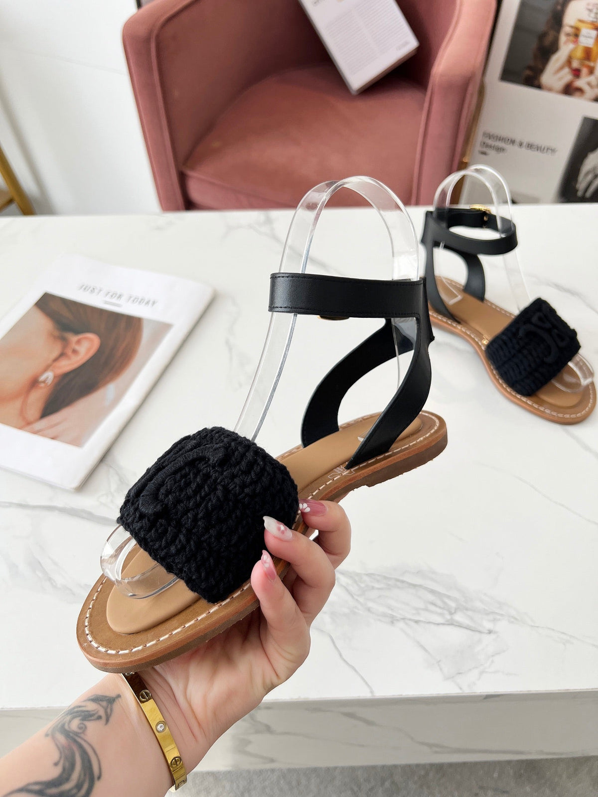 Celine 25C Lympia Sandal Black Fabric with Calfskin 238176