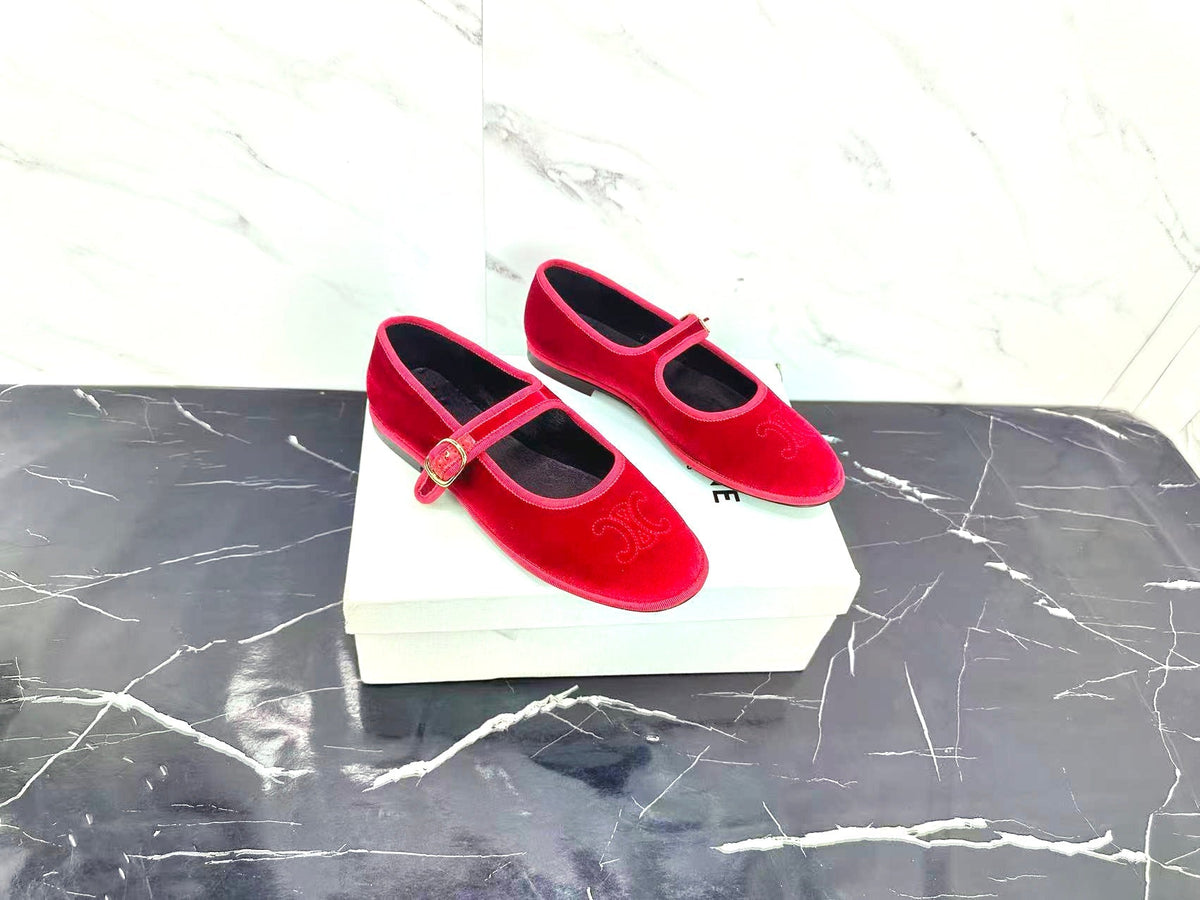 Celine 25 Eve Triomphe Ballet Flat Red Velvet 547725