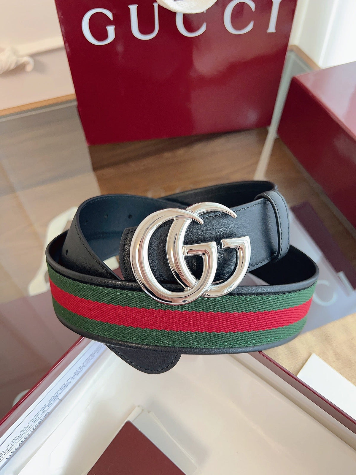 Gucci Belt Double GSliver Buckle 40mm Black Leather With Green Red Canvas