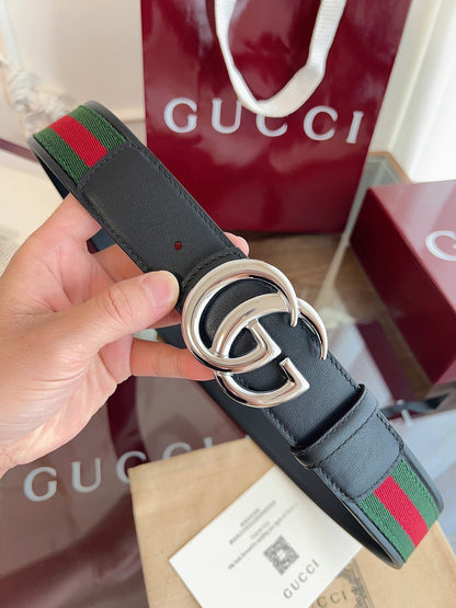 Gucci Belt Double GSliver Buckle 40mm Black Leather With Green Red Canvas