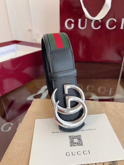 Gucci Belt Double GSliver Buckle 40mm Black Leather With Green Red Canvas
