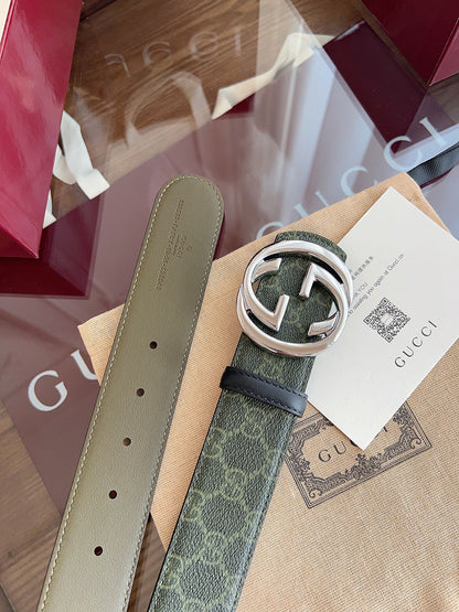 Gucci Supreme Belt Sliver Buckle 40mm Green Leather Canvas