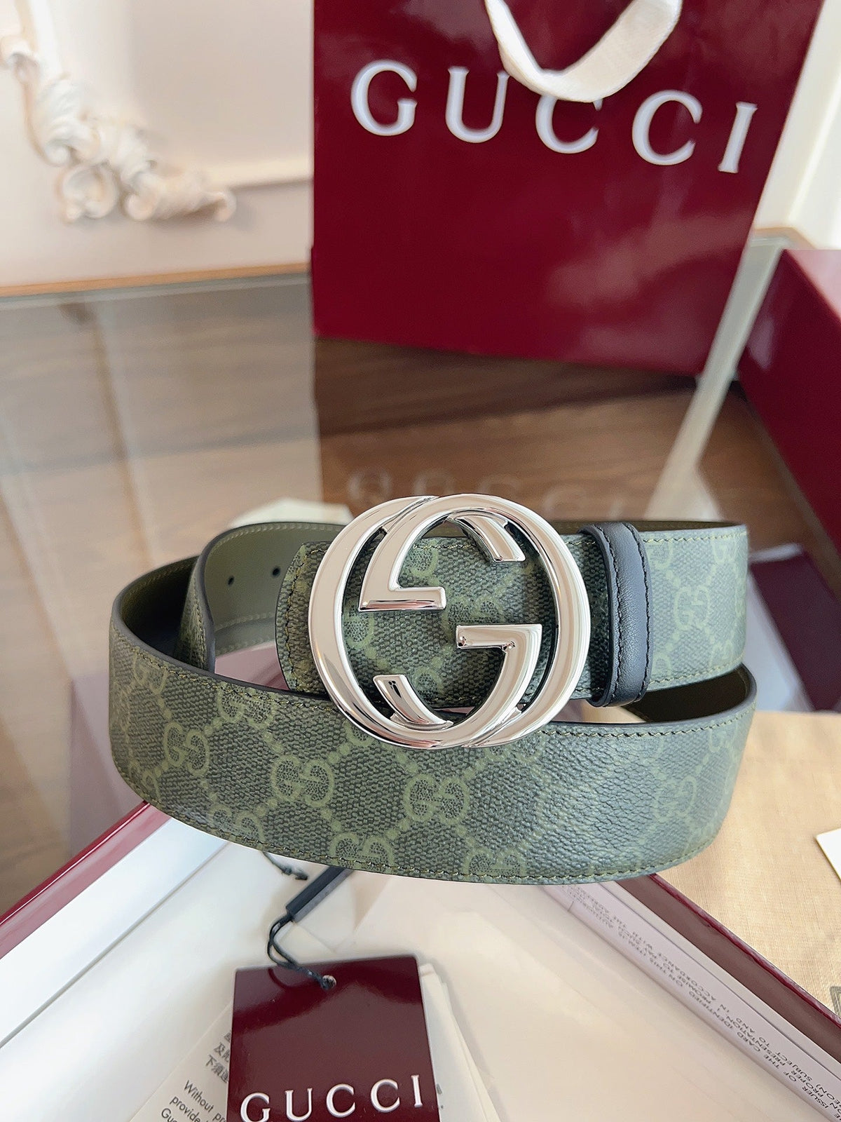Gucci Supreme Belt Sliver Buckle 40mm Green Leather Canvas