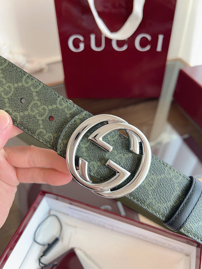 Gucci Supreme Belt Sliver Buckle 40mm Green Leather Canvas
