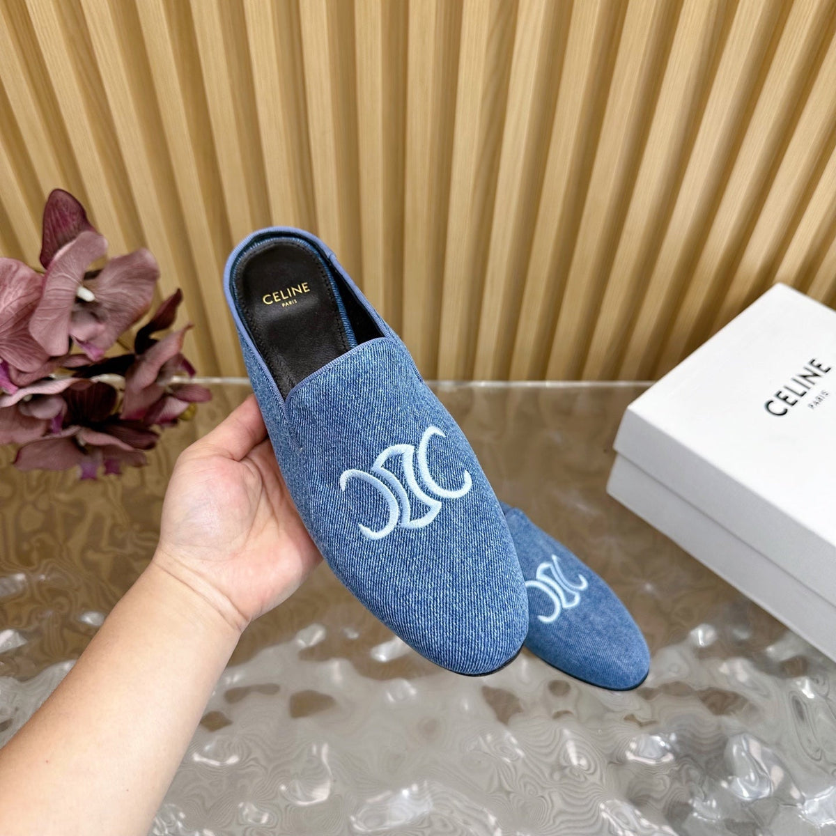 CELINE 25 Slippers Blue Denim 285915