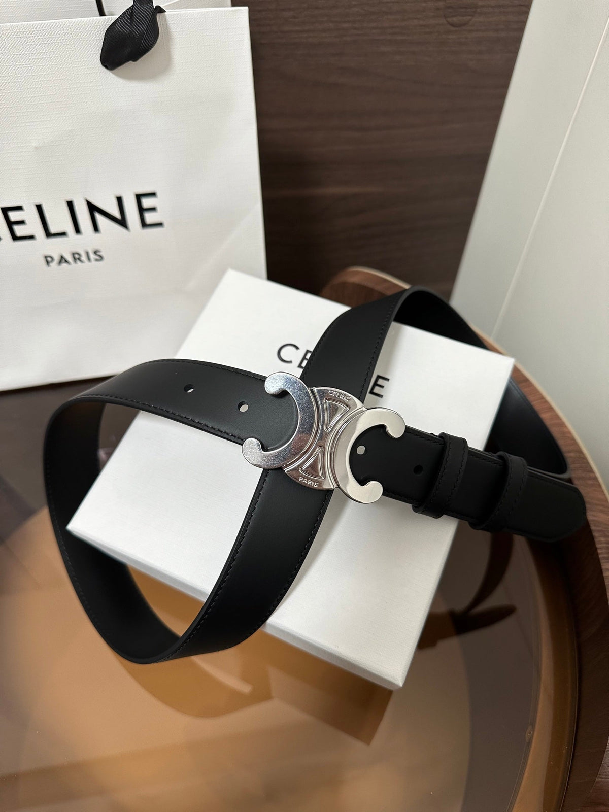 CELINE TRIOMPHE BELT 30MM IN BLACK CALFSKIN WITH SILVER BUCKLE