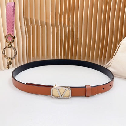 VALENTINO Silver Vlogo and Gold Hardware Buckle Tan Black Calfskin 20mm
