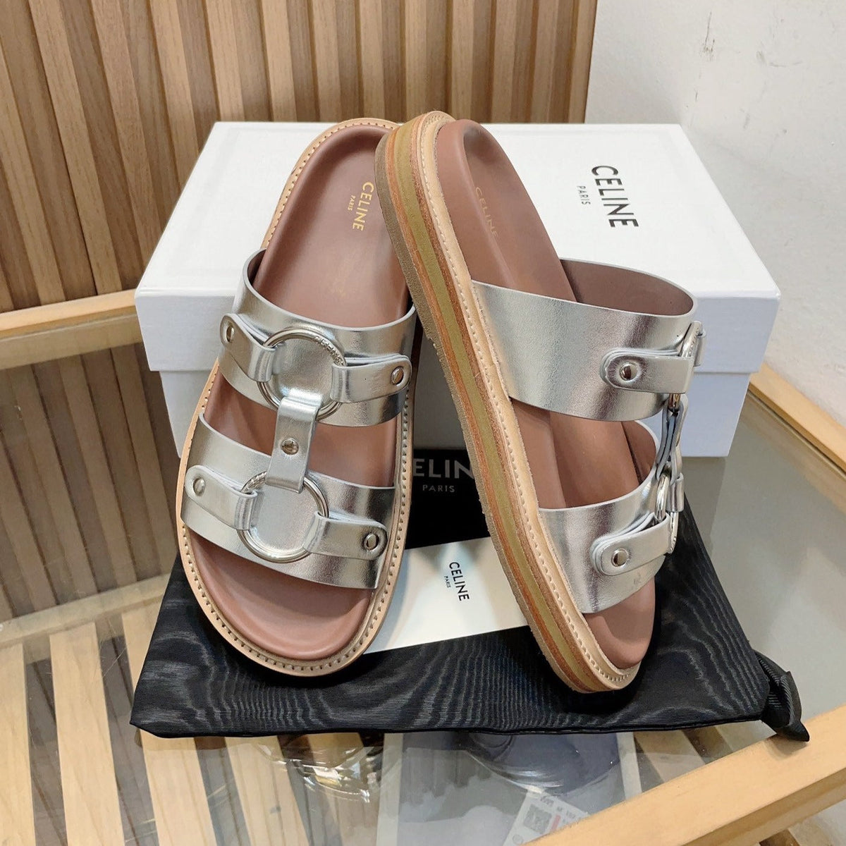 DAD SANDALS SILVER BROWN CALFSKIN