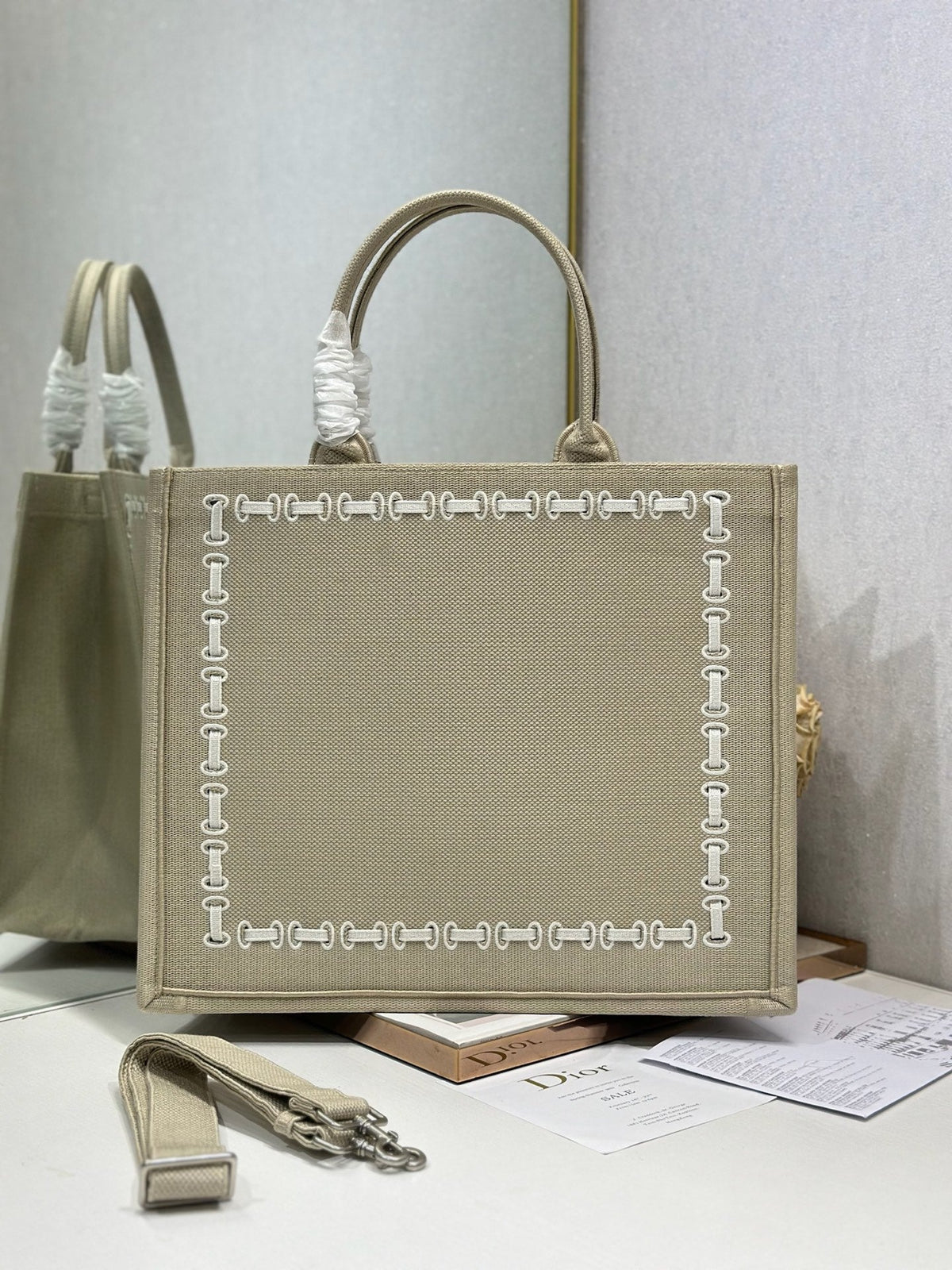 CD Book Tote Beige Embroidery and White Woven Grosgrain Ribbon