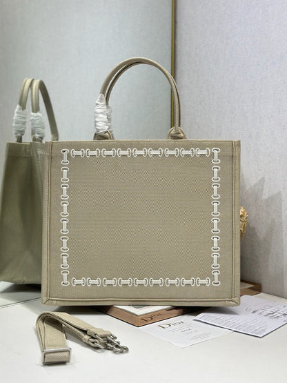 CD Book Tote Beige Embroidery and White Woven Grosgrain Ribbon