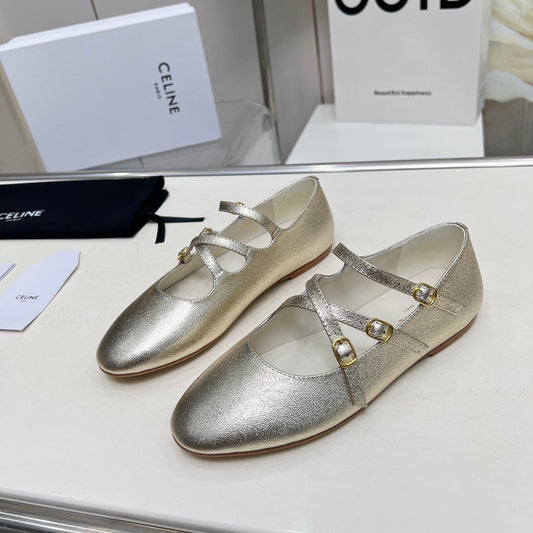 BALLET FLAT WITH CROSSOVER STRAP IN LIGHT GOLD LAMBSKIN