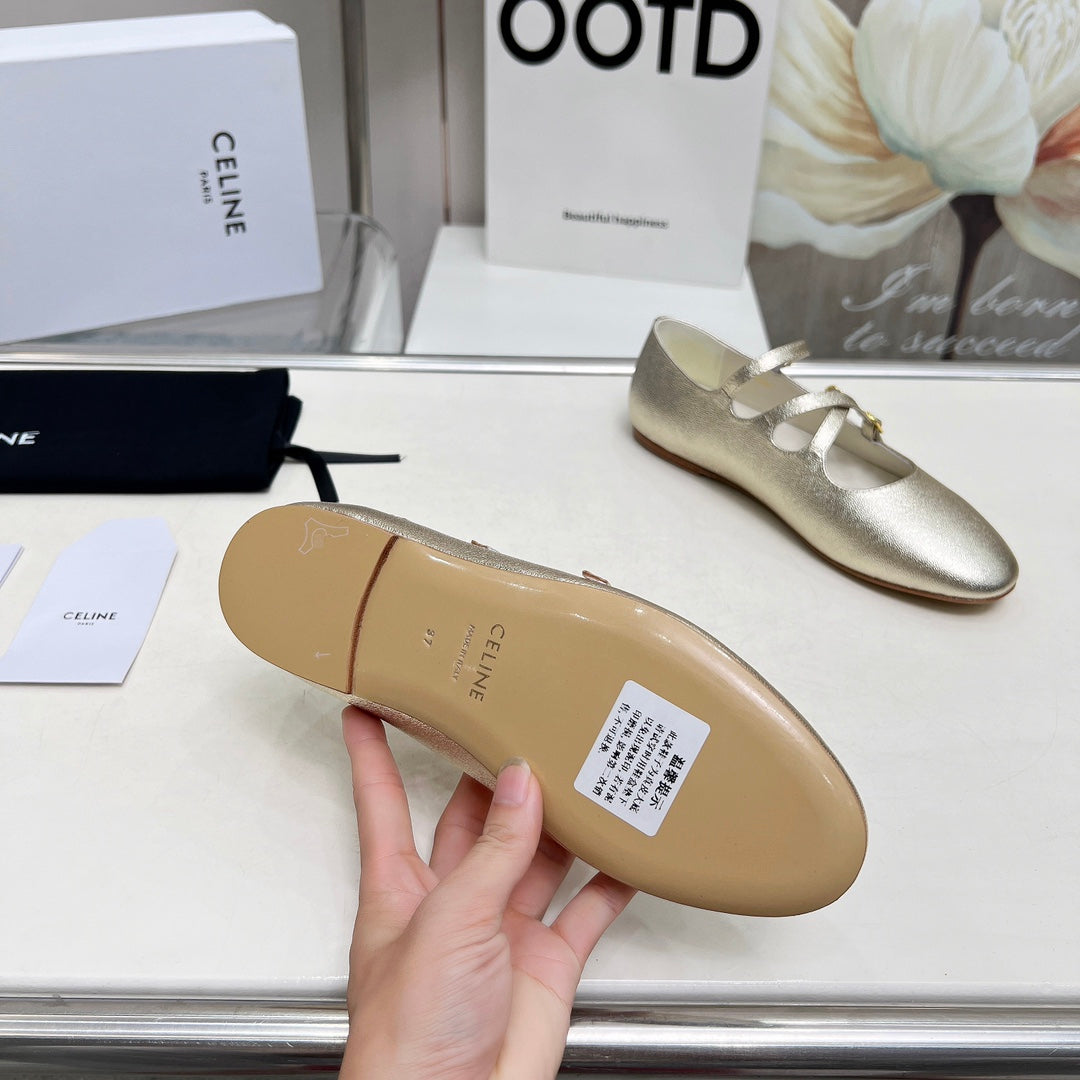 BALLET FLAT WITH CROSSOVER STRAP IN LIGHT GOLD LAMBSKIN
