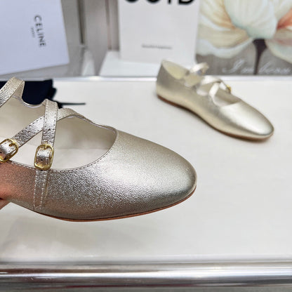 BALLET FLAT WITH CROSSOVER STRAP IN LIGHT GOLD LAMBSKIN
