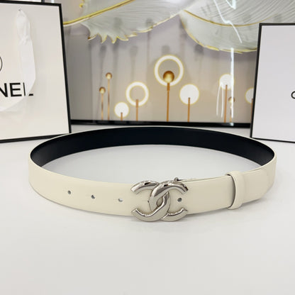 CHANEL DOUBLE C BELT 30MM IN WHITE CALFSKIN WITH SHINY SILVER BUCKLE