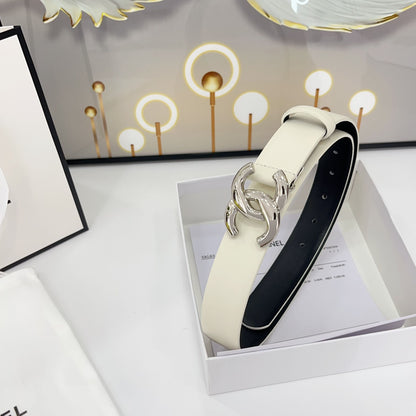 CHANEL DOUBLE C BELT 30MM IN WHITE CALFSKIN WITH SHINY SILVER BUCKLE
