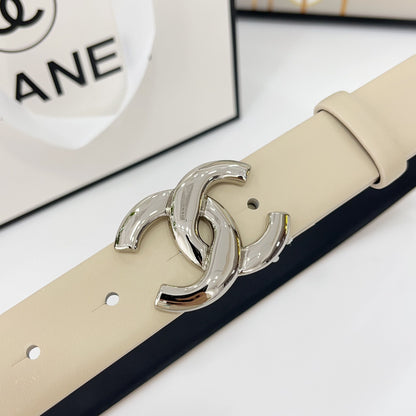 CHANEL DOUBLE C BELT 30MM IN BEIGE CALFSKIN WITH SHINY SILVER BUCKLE