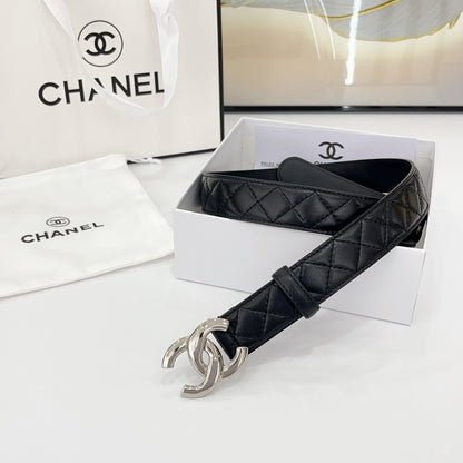 CHANEL DOUBLE C BELT 30MM IN BLACK QUILTED LEATHER WITH SILVER BUCKLE
