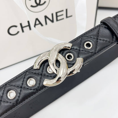 CHANEL DOUBLE C BELT 30MM IN BLACK QUILTED LEATHER WITH SILVER BUCKLE