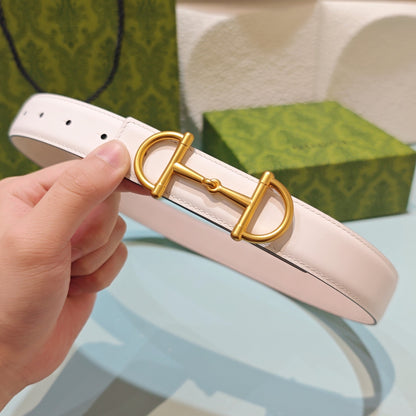 GG 3.0 Horsebit-Detailed Belt White Gold Smooth Leather 200186