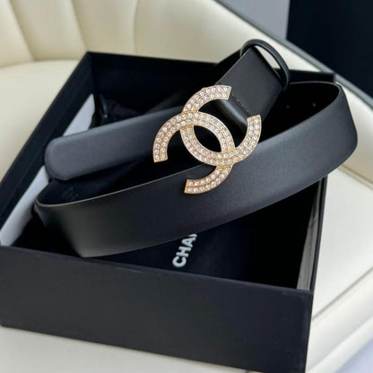 CHANEL BELT 30MM IN BLACK SMOOTH CALFSKIN GOLD HARDWARE ATTACH RHINSTONES