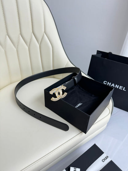 CHANEL BELT 30MM IN BLACK SMOOTH CALFSKIN GOLD HARDWARE ATTACH RHINSTONE