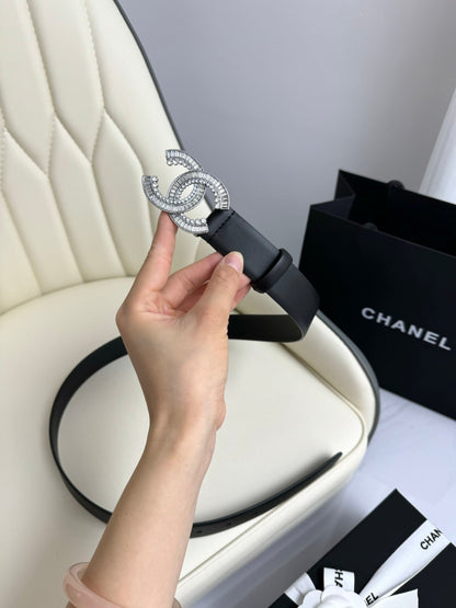 CHANEL BELT 30MM IN BLACK SMOOTH CALFSKIN SILVER HARDWARE ATTACH RHINSTONE