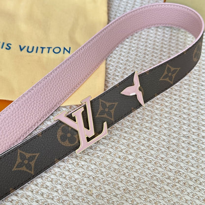 LOUIS VUITTON Pretty LV 30mm Reversible Belt Pink Gold Buckle Pink Brown Leather