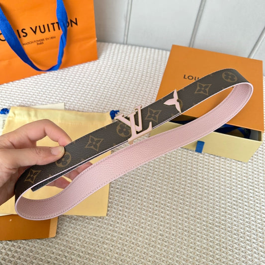 LOUIS VUITTON Pretty LV 30mm Reversible Belt Pink Gold Buckle Pink Brown Leather