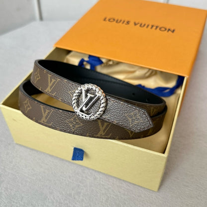 LOUIS VUITTON LV Circle Nautical 20mm Reversible Belt Silver Buckle Black Brown Lambskin
