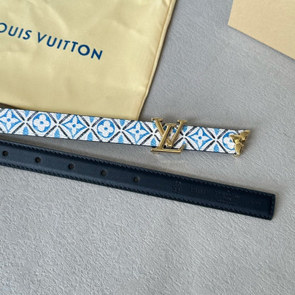 LOUIS VUITTON Pretty LV 20mm Reversible Belt Gold Buckle Black White Blue Leather