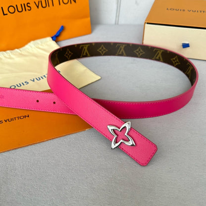 LOUIS VUITTON LV Flowergram 30mm Reversible Belt Silver Buckle Hot Pink Brown Leather