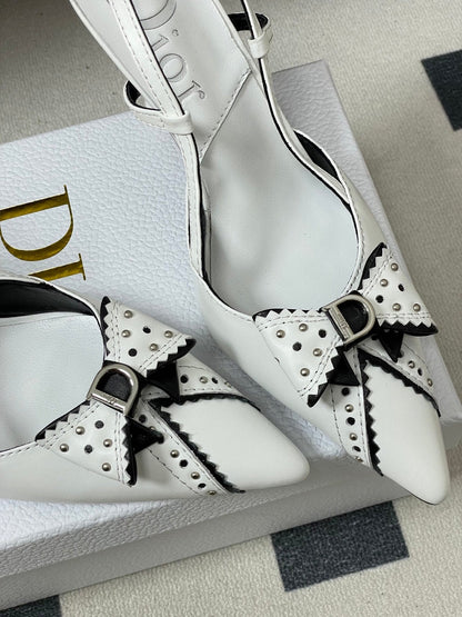 CD 26 D'Trick Slingback Heels 10cm White Bow Detail Sheepskin 632582