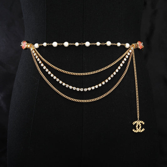 CHANEL 25S GOLD CHAIN BELT WITH PEARL 611794