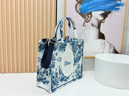 Dior Book Tote With Strap Blue Toile De Jouy Floral Garden Canvas