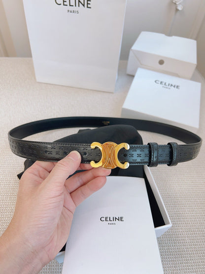 CELINE 25S BELT TRIOMPHE 25MM IN BLACK CALFSKIN DEBOSSED LOGO 563328