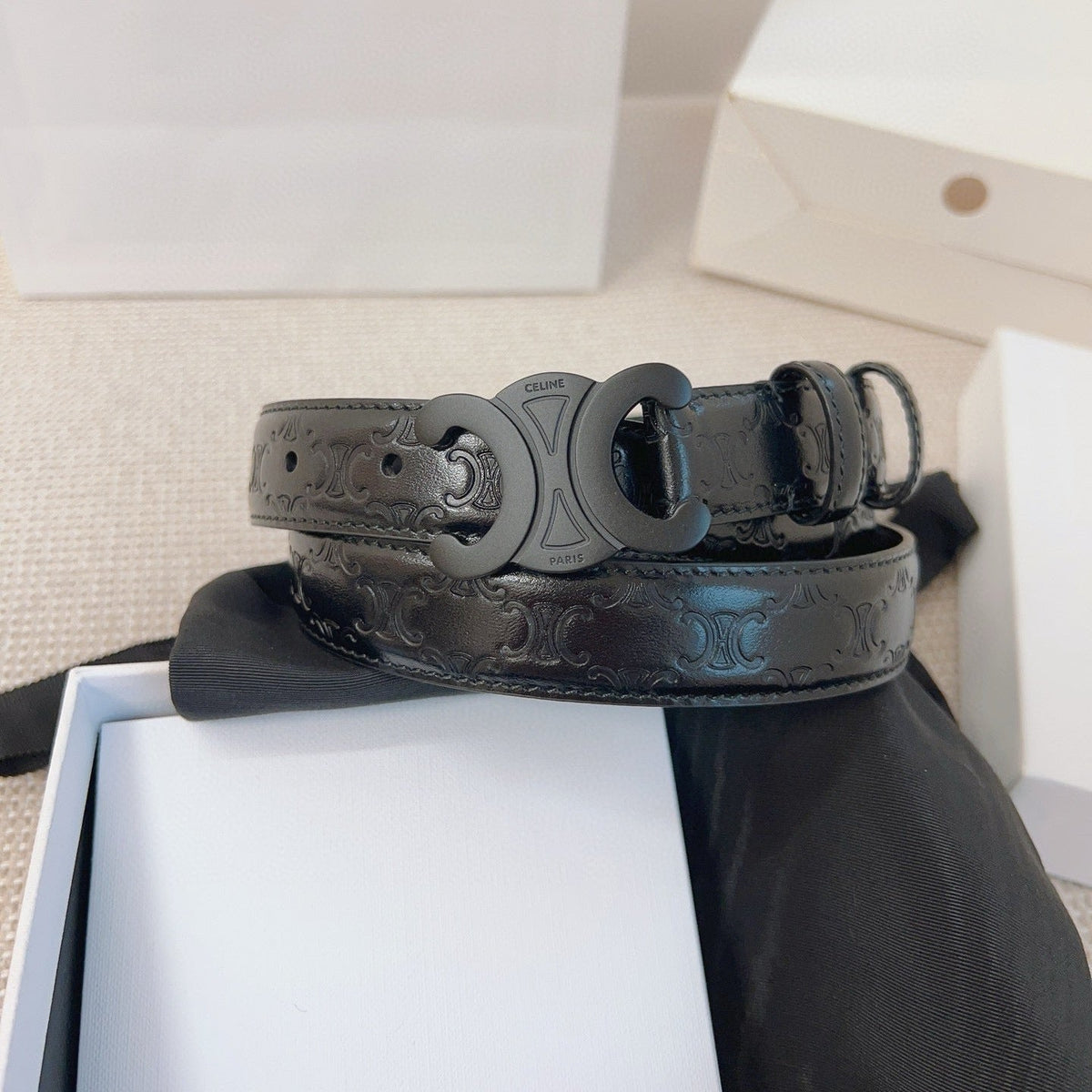 CELINE 25S BELT 25MM TRIOMPHE IN BLACK CALFSKIN 563334