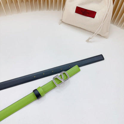 VALENTINO Vlogo Buckle Water Wave Silver Copper Glossy Green Black Leather 20mm Belt