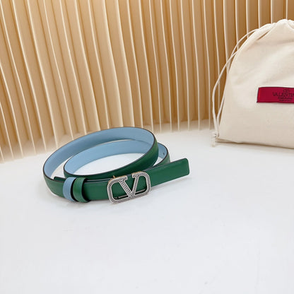 VALENTINO Vlogo Buckle Water Wave Silver Copper Glossy Dark Green Cloud Blue Leather 20mm Belt